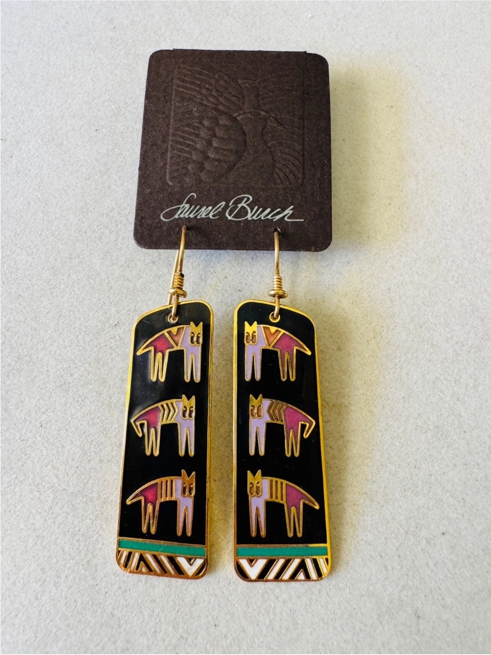 Vintage 1990 Laurel Burch Black HIEROGLYPHIC CATS Pierced Earrings on Orig. Card - Picture 3 of 10
